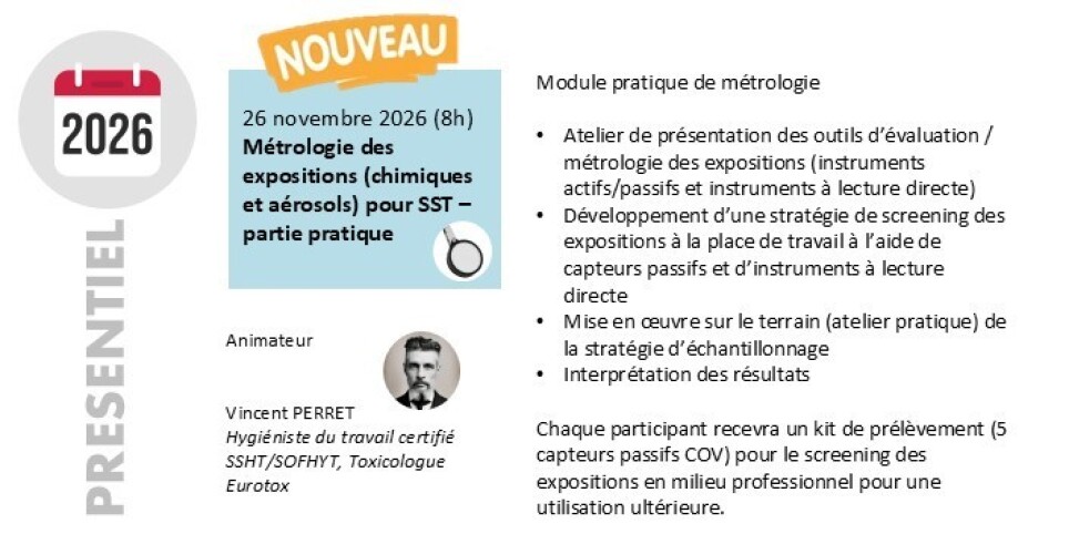 Webinaire TOXpro Academy Screening et métrologie des expositions aux risques chimiques pour SST - PARTIE PRATIQUE - Formations