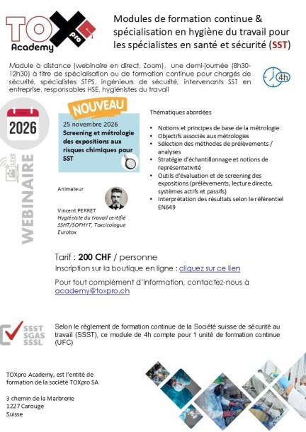 Webinaire TOXpro Academy Screening et métrologie des expositions aux risques chimiques pour SST - Formations - Online - Virtual