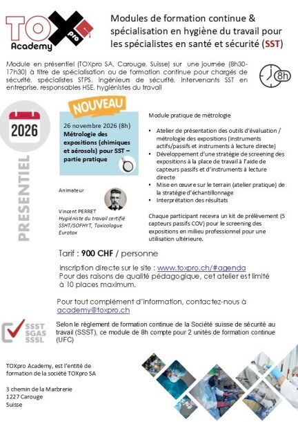 Webinaire TOXpro Academy Screening et métrologie des expositions aux risques chimiques pour SST - PARTIE PRATIQUE - Formations - TOXpro SA
