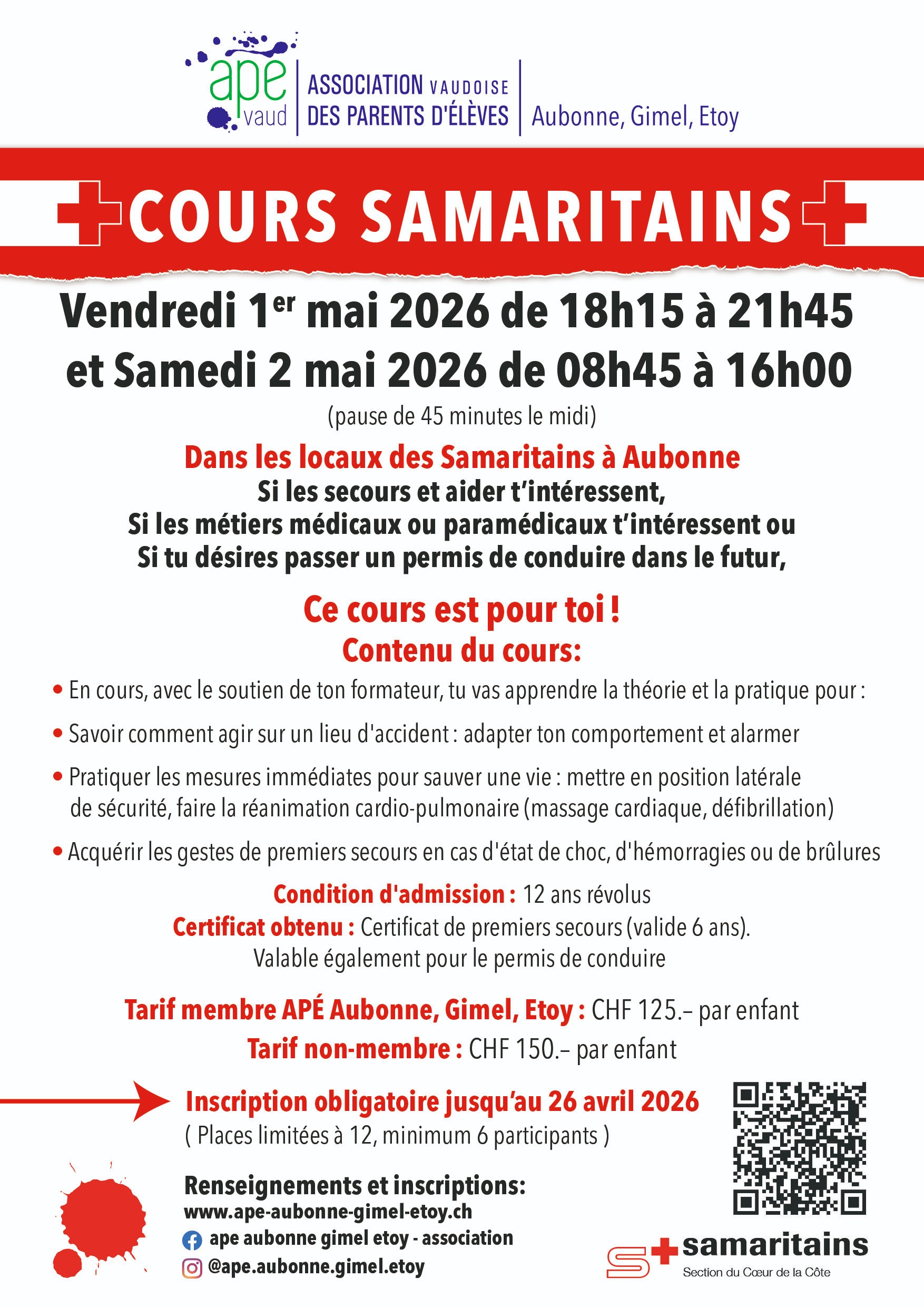 Cours Samaritains - Aubonne - 1er et 2 mai 2026